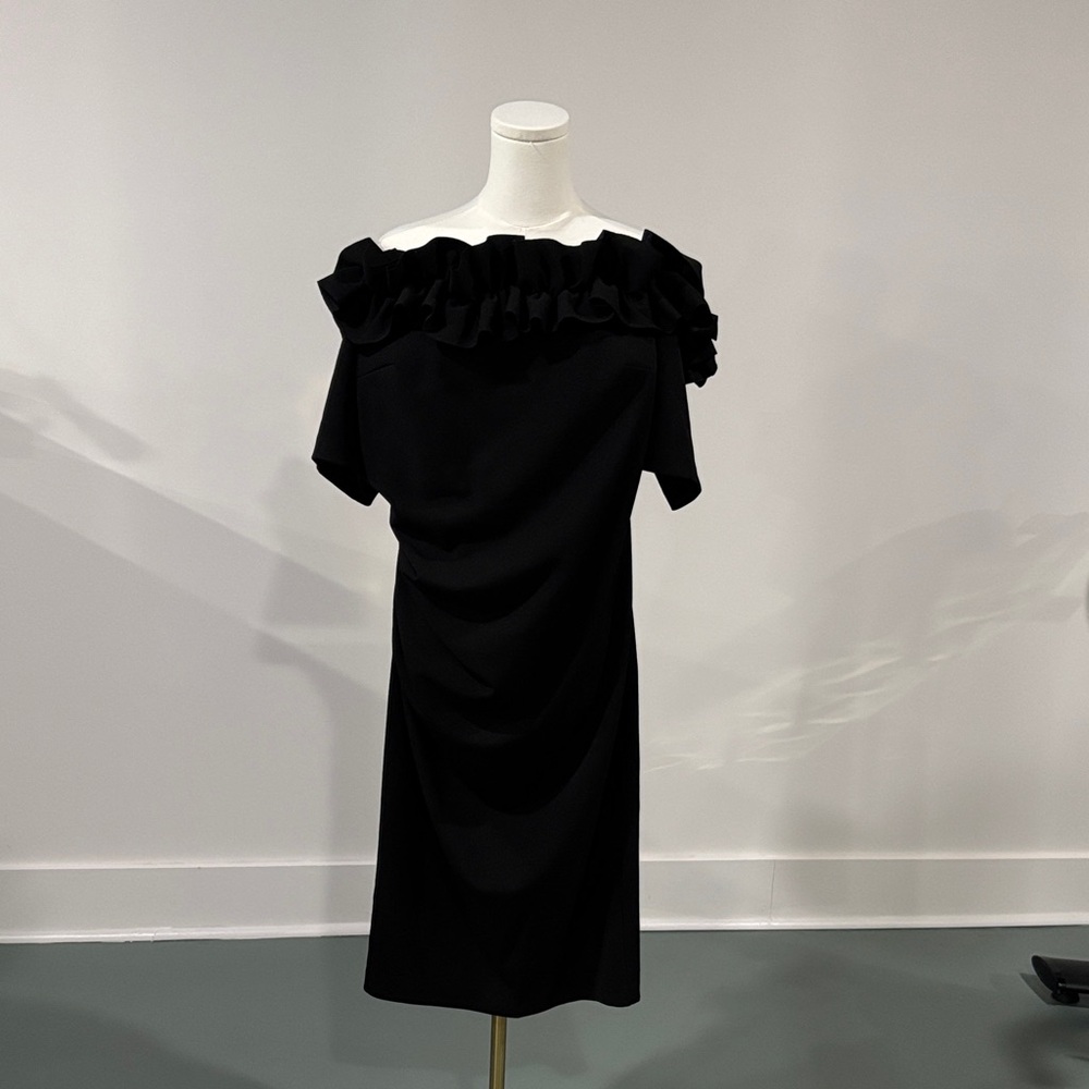 Xscape Black Ruffled Crepe Off-Shoulder Little Black Dress